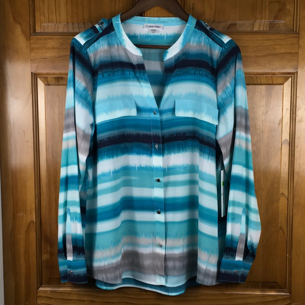 Calvin Klein Womens L Blue Teal Striped Button Down Blouse Top Office Casual